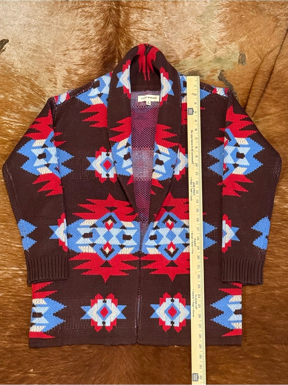 Lucky Brand Aztec Print Shawl Collar Cardigan Brown Red Blue M - Picture 4 of 10